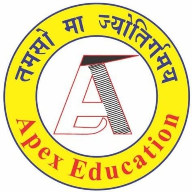 🗒️ Image Alt TextThe circular logo of Apex Education. It features a bright yellow outer ring with blue Sanskrit text reading "तमसो मा ज्योतिर्गमय" along the top curve and red text reading "Apex Education" along the bottom curve. Inside the central white circle is a large stylized letter "A" designed with fine black horizontal lines across its right leg and red outlines framing the left leg.