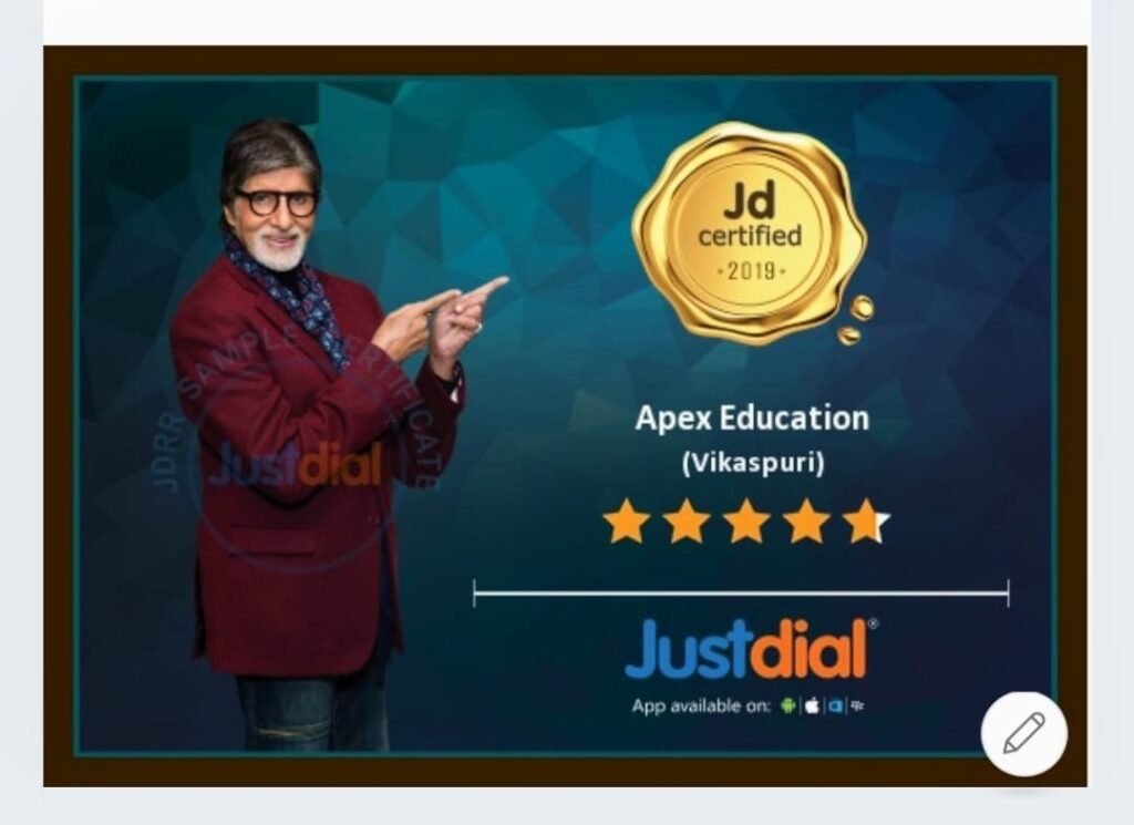 🗒️ Image Alt TextA Justdial certification graphic for "Apex Education (Vikaspuri)" set against a dark teal, geometric patterned background. On the left, actor Amitabh Bachchan wears a maroon blazer and glasses, smiling and pointing toward the center. The right side features a gold circular badge reading "Jd certified 2019," followed by the text "Apex Education (Vikaspuri)" below it. Underneath the name is a five-star rating graphic and a prominent blue Justdial logo, with small mobile platform icons at the bottom indicating app availability.