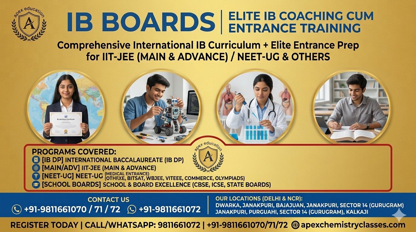 Banner for Apex Education's premium chemistry classes for JEE and NEET coaching in Delhi NCR, featuring programs for IB Boards, IIT-JEE (Main and Advanced), and NEET-UG with list of locations and contact details.