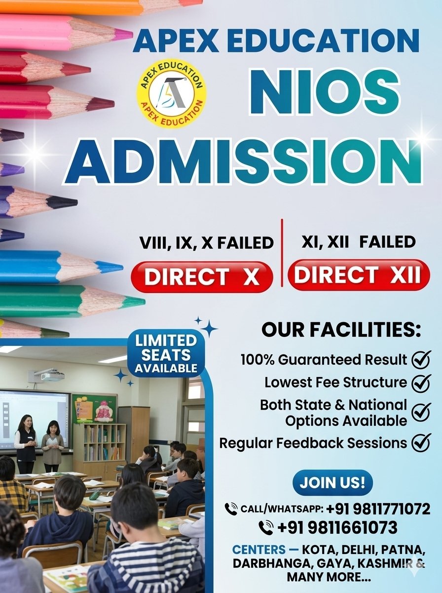 nios-admission-online-chemistry-Vertical informational poster for Apex Education providing NIOS admission support for failed students alongside online chemistry tutor services for JEE Main, Advanced, and NEET for students from CBSE, ICSE, IB, and IGCSE boards.
