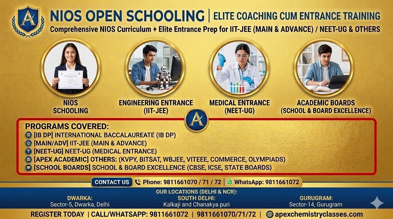 Promotional banner for NIOS Open Schooling and elite coaching programs by Apex Education, featuring preparation courses for IB Boards, IIT-JEE (Main & Advance), and NEET-UG across centers in Gurugram, Chanakyapuri, Dwarka, and Kalkaji.