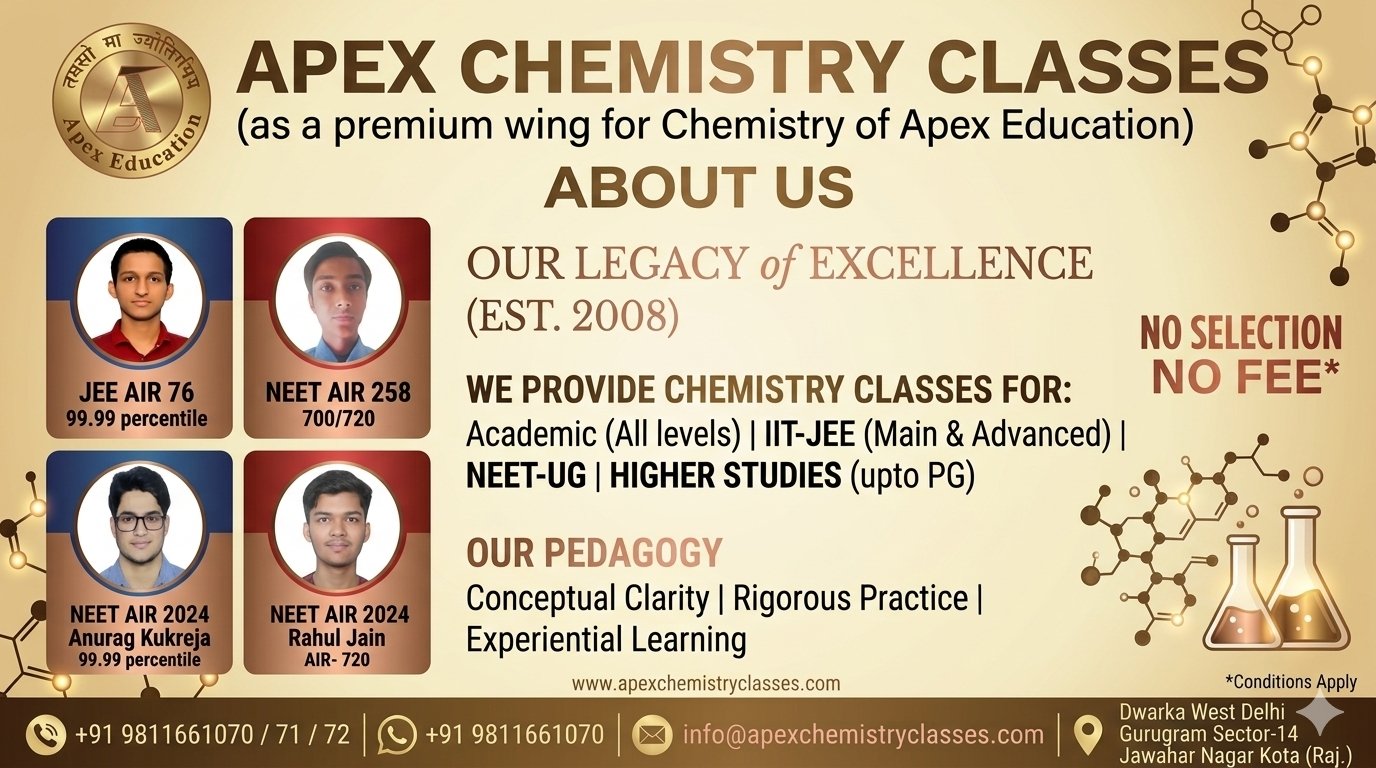Horizontal "About Us" banner for Apex Chemistry Classes, a premium wing for chemistry of Apex Education, highlighting their legacy of excellence since 2008, pedagogy features, topper selections, and contact information for Delhi, Gurugram, and Kota campuses.