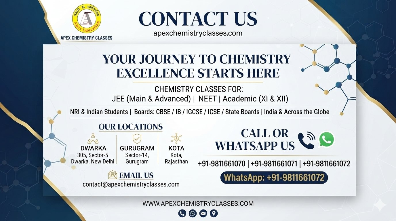 Professional contact banner for Apex Chemistry Classes, providing offline, hybrid, and online chemistry classes for NRI and Indian students preparing for JEE Main & Advanced, NEET, and XI-XII academics across CBSE, IB, IGCSE, ICSE, and State Boards