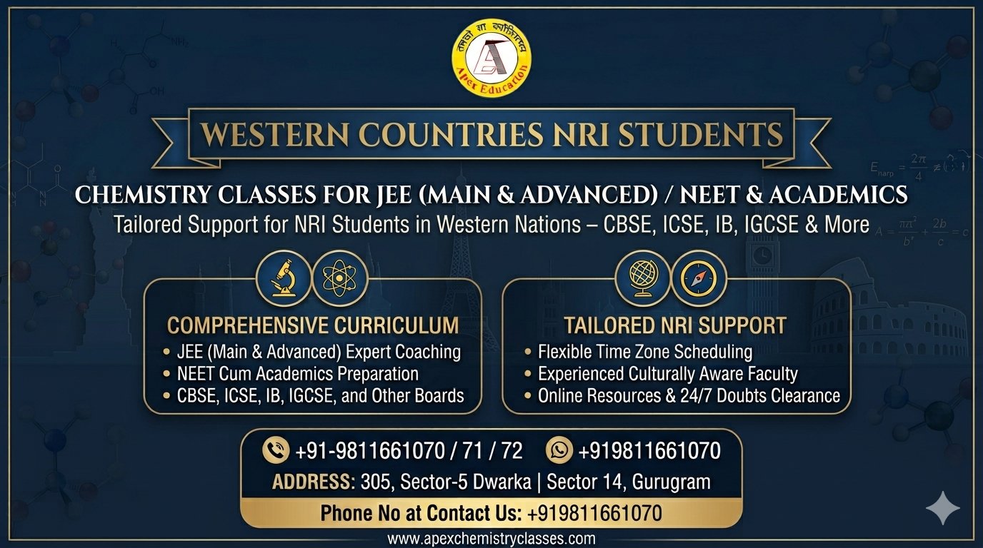 • Premium landscape banner for Apex Chemistry Classes featuring an online chemistry tutor for JEE Main, Advanced, and NEET alongside academic coaching for IB, IGCSE, CBSE, and ICSE boards to NRI students residing in Western nations.
