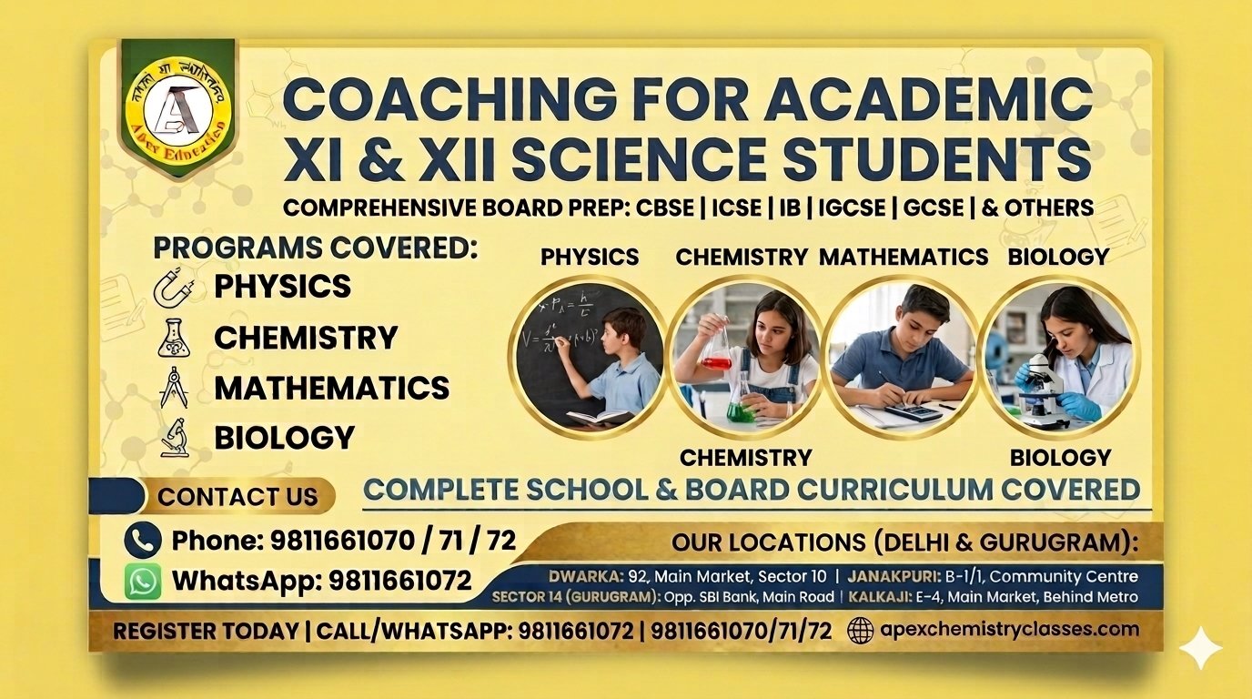 Professional web poster for Apex Chemistry Classes academic XI and XII science coaching, offering comprehensive chemistry classes for IIT-JEE Main and Advanced, NEET, and school board exams through offline centers in Delhi (Janakpuri, Vikaspuri, Chanakyapuri, Kalkaji, Dwarka), Gurugram, Kota, and Patna, as well as online across the globe.