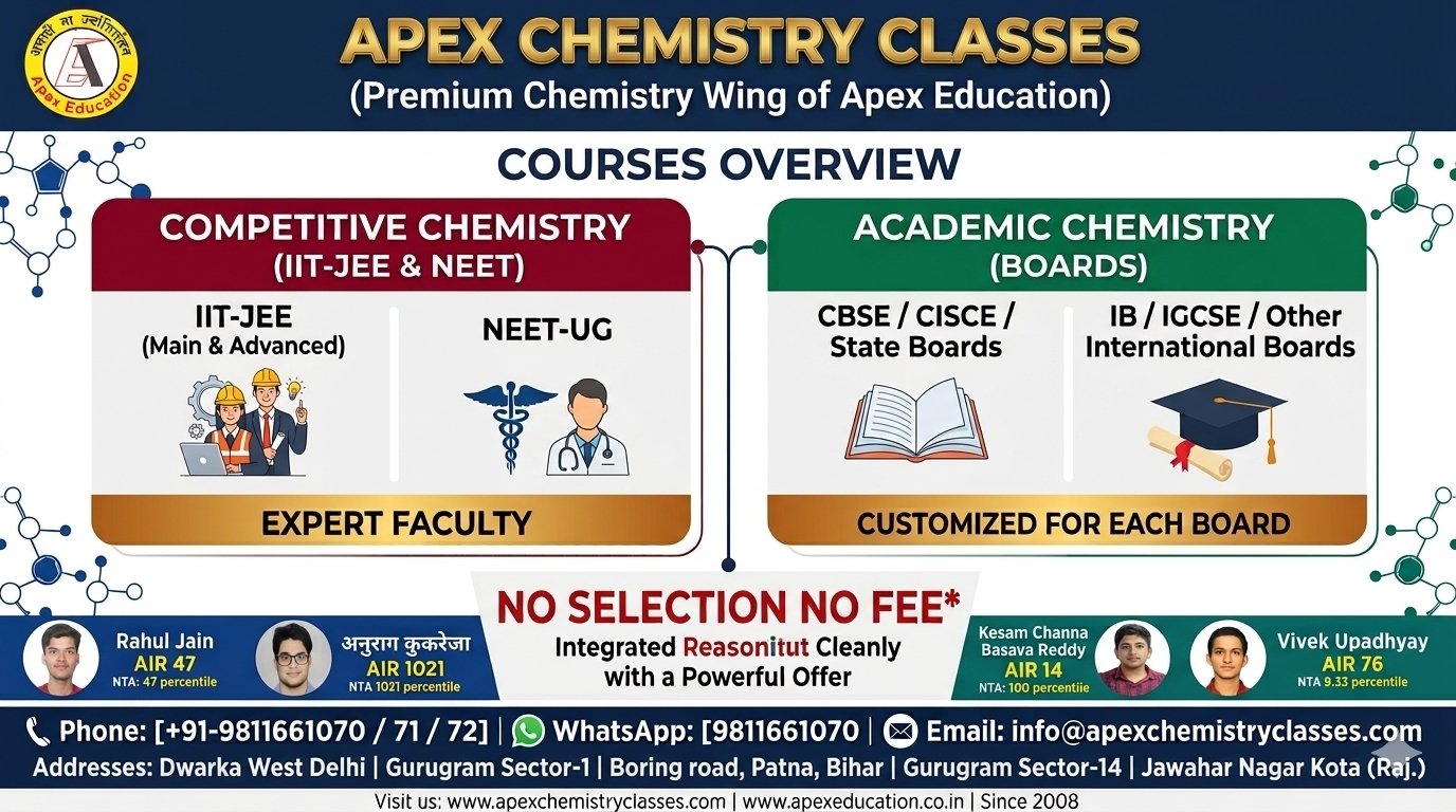 Horizontal courses overview banner for Apex Chemistry Classes, the premium chemistry wing of Apex Education, detailing competitive tracks for IIT-JEE and NEET-UG alongside academic coaching for CBSE, CISCE, IB, and IGCSE school boards with contact information for Delhi, Gurugram, Patna, and Kota.