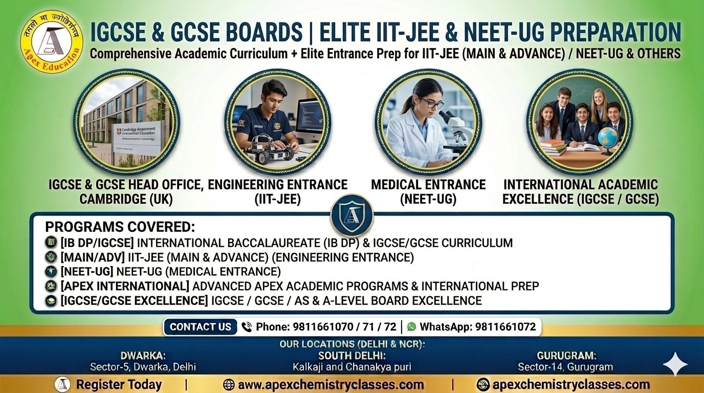 Promotional banner for Apex Education showcasing elite IGCSE, GCSE, IIT-JEE, and NEET-UG coaching programs, highlighting top-tier results and multiple academic training centers across Delhi NCR, Gurugram, Dwarka, Chanakyapuri, and Kalkaji.