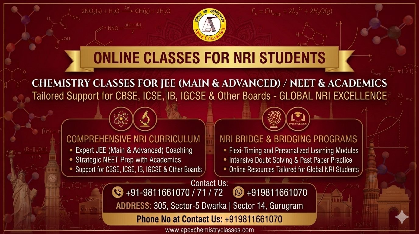 • Professional horizontal banner for Apex Chemistry Classes offering online chemistry tutor services for JEE Main, Advanced, and NEET alongside academic coaching for IB, IGCSE, CBSE, and ICSE boards to global NRI students.