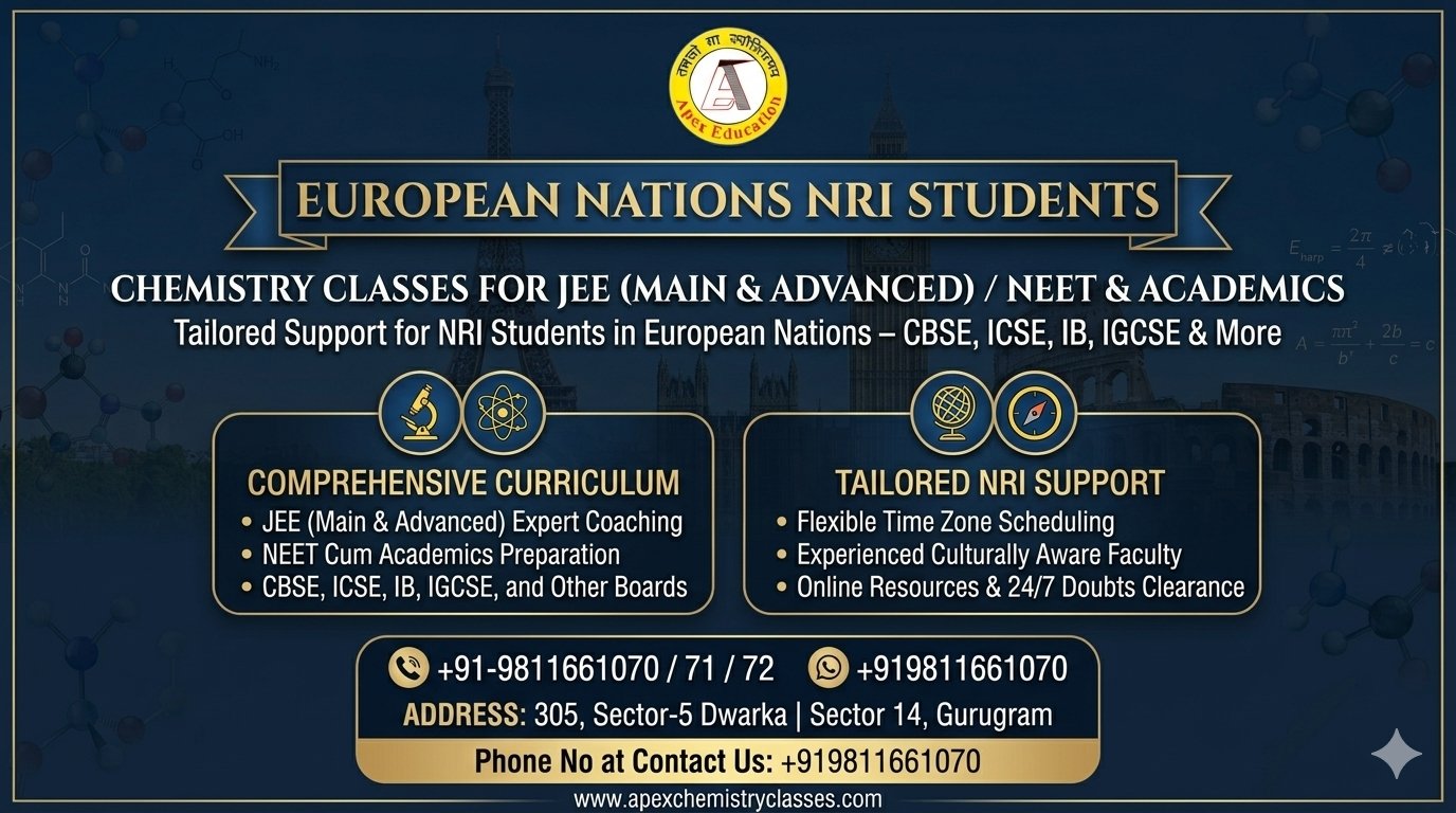 • Professional horizontal banner for Apex Chemistry Classes providing online chemistry tutor services for JEE Main, Advanced, and NEET alongside academic coaching for IB, IGCSE, CBSE, and ICSE boards to NRI students residing in European nations like Germany, UK, and France.