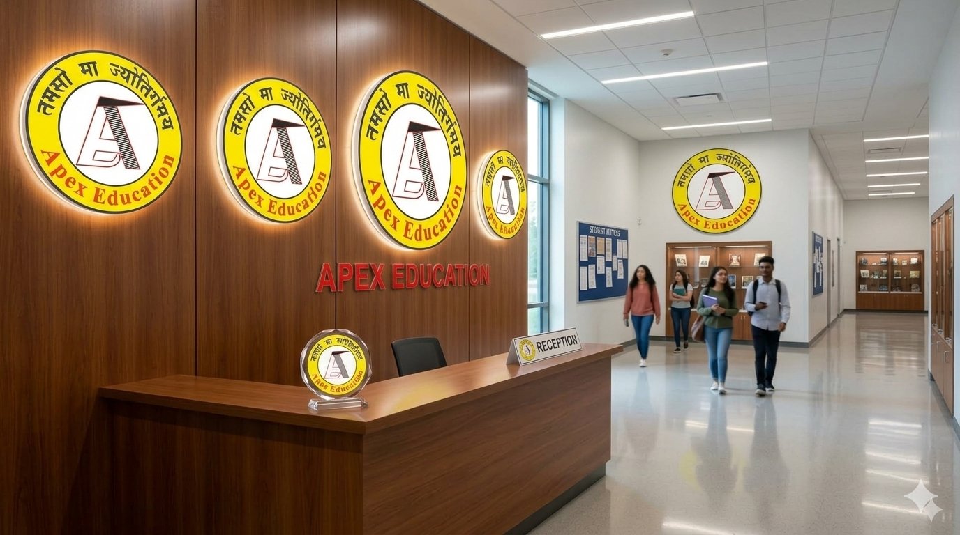 Modern reception lobby of Apex Education, offering premier offline, hybrid, and online chemistry classes for NRI and Indian students preparing for JEE Main & Advanced, NEET, and school academics under CBSE, IB, ICSE, IGCSE, and State Boards in Dwarka, Janakpuri, South Delhi, Chanakyapuri, Gurugram, the Gulf, and overseas regions.