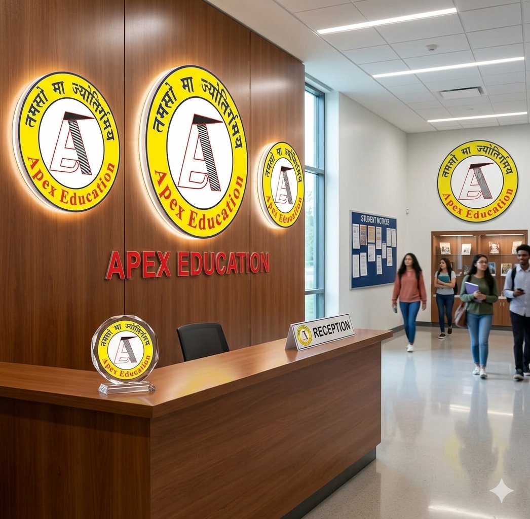 Modern reception lobby of Apex Education, offering premier offline, hybrid, and online chemistry classes for NRI and Indian students preparing for JEE Main & Advanced, NEET, and school academics under CBSE, IB, ICSE, IGCSE, and State Boards in Dwarka, Janakpuri, South Delhi, Chanakyapuri, Gurugram, the Gulf, and overseas