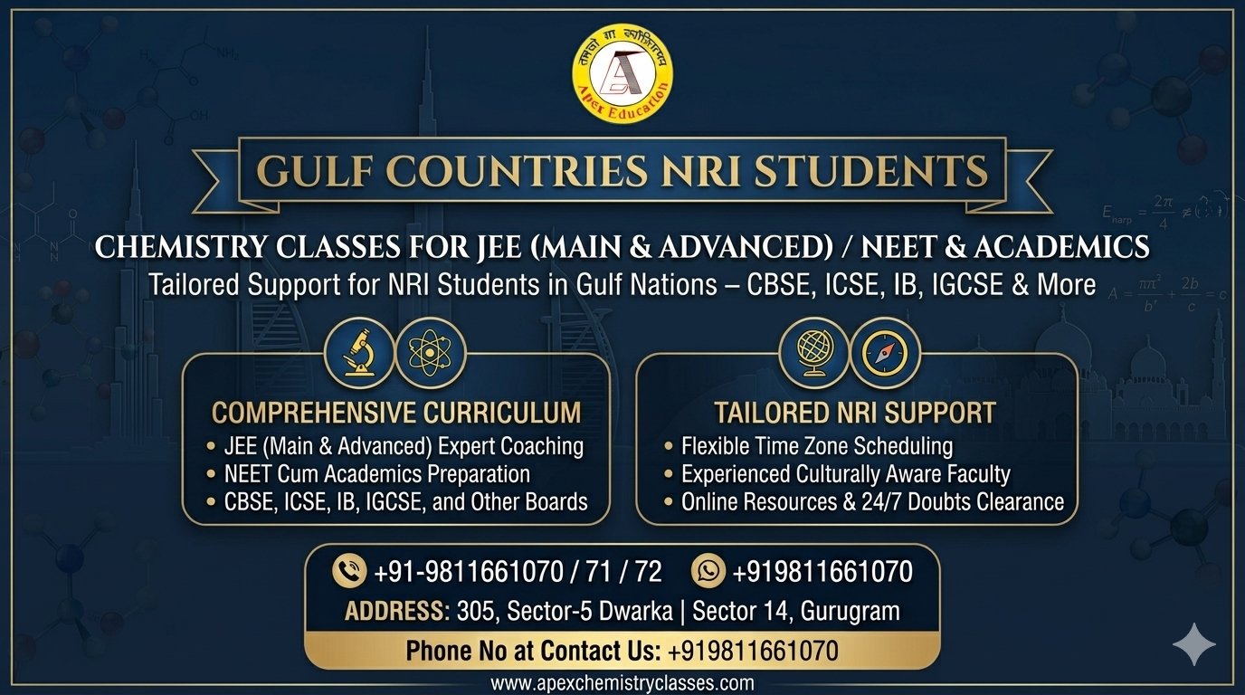 Professional horizontal banner for Apex Chemistry Classes offering online chemistry tutor services for JEE Main, Advanced, and NEET alongside academic coaching for IB, IGCSE, CBSE, and ICSE boards to NRI students residing in Gulf Countries.