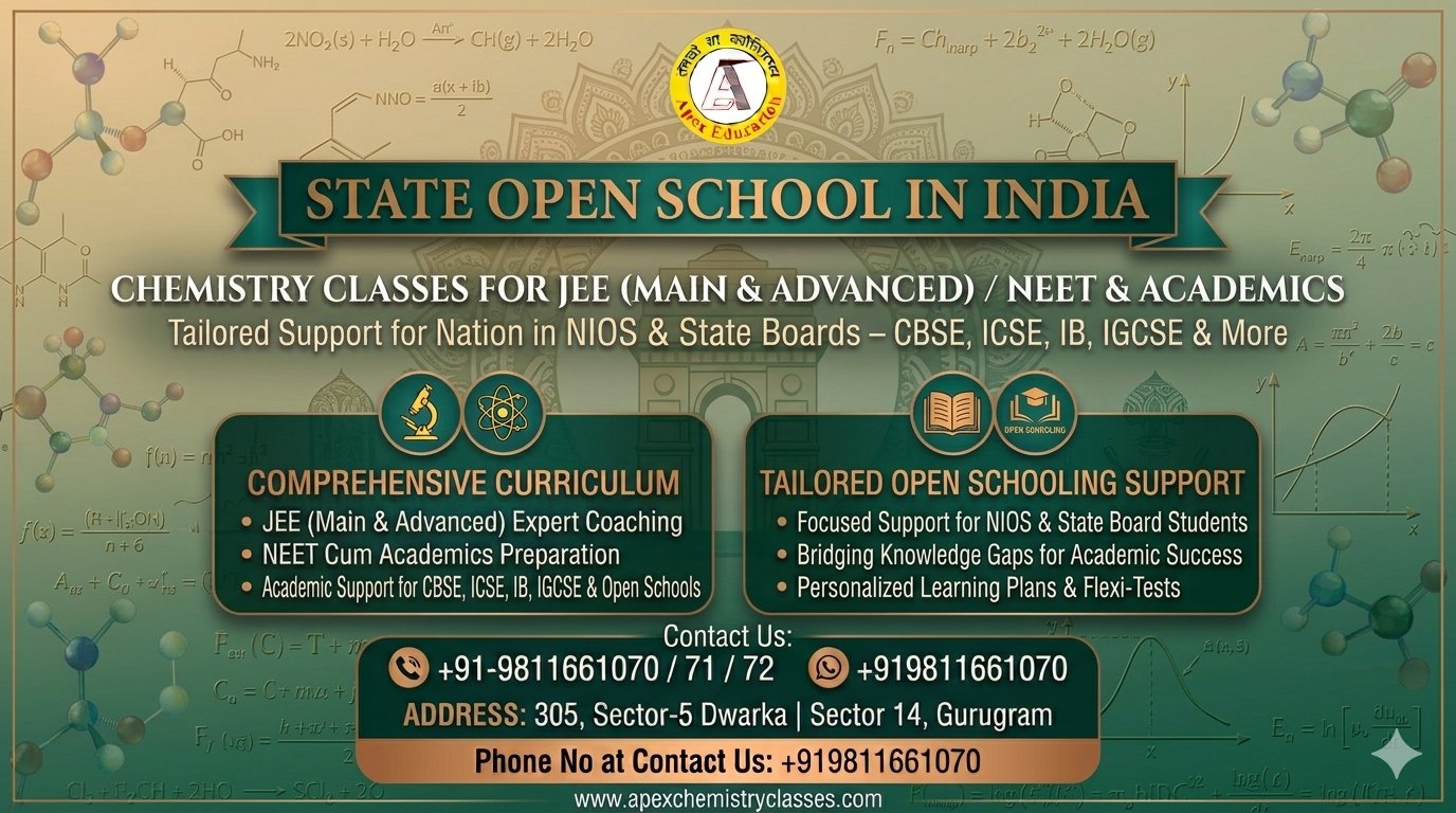Professional horizontal banner for Apex Chemistry Classes providing online chemistry tutor services for JEE Main, Advanced, and NEET alongside academic coaching for NIOS, State Open Schooling, CBSE, ICSE, IB, and IGCSE boards in India