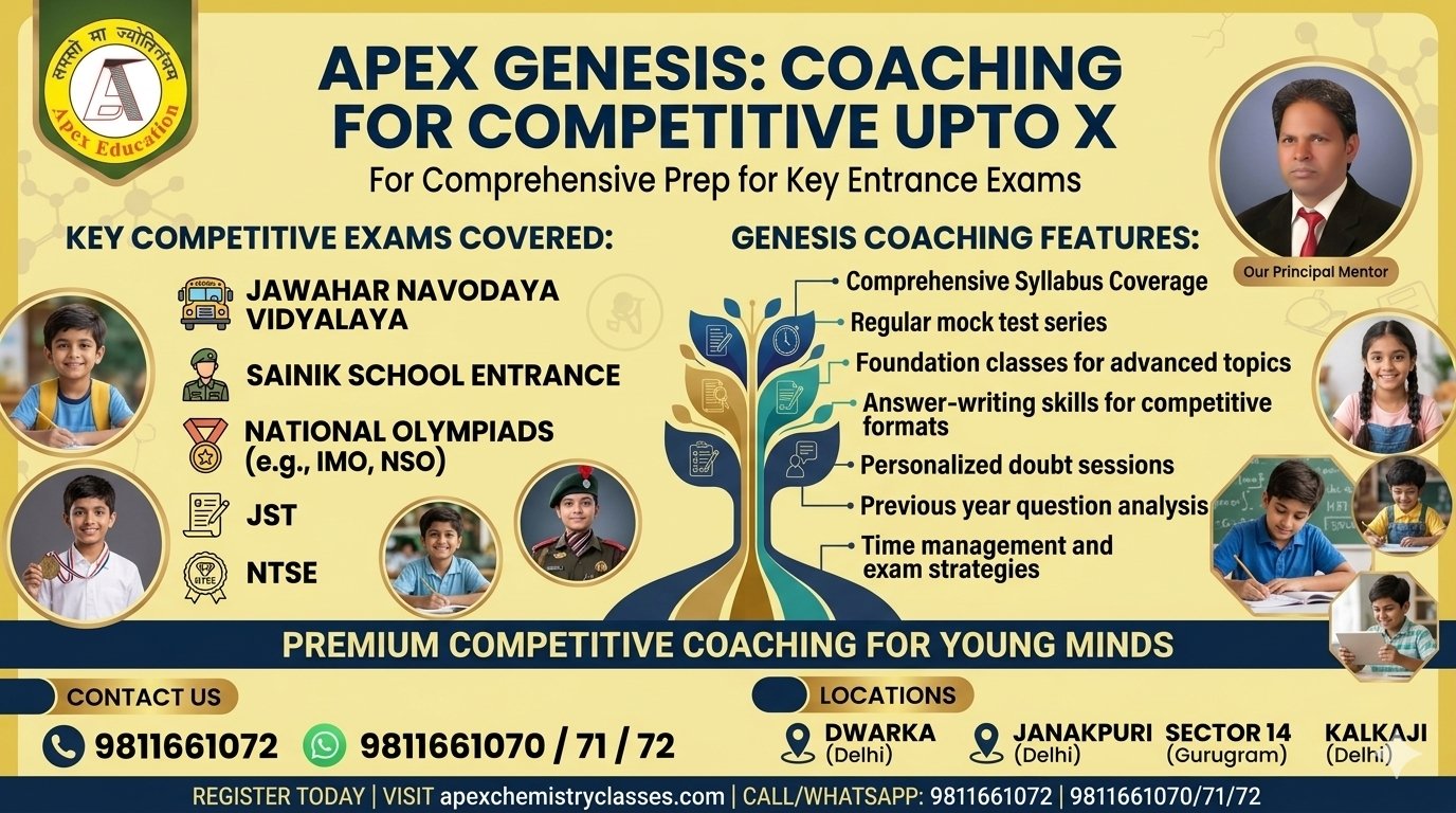 Apex Genesis competitive school entrance and foundation coaching banner by Apex Education, featuring specialized preparation for Jawahar Navodaya Vidyalaya, Sainik School, National Olympiads, JST, and NTSE, laying the foundation for future JEE Main & Advanced and NEET chemistry classes for Indian and NRI students across CBSE, IB, ICSE, IGCSE, and State Boards in Dwarka, Janakpuri, South Delhi, Chanakyapuri, Gurugram, the Gulf, and overseas through offline, hybrid, and online modes.