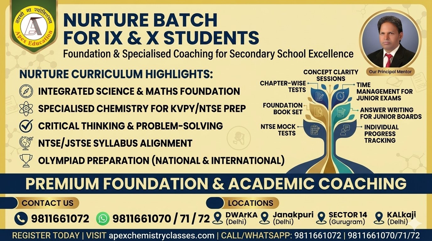 Nurture Batch foundation and academic coaching banner by Apex Education, featuring specialized chemistry classes for IX & X students, NTSE, KVPY, and Olympiad preparation for Indian and NRI students targeting future JEE Main & Advanced and NEET success across CBSE, IB, ICSE, IGCSE, and State Boards in Dwarka, Janakpuri, South Delhi, Chanakyapuri, Gurugram, the Gulf, and overseas regions.