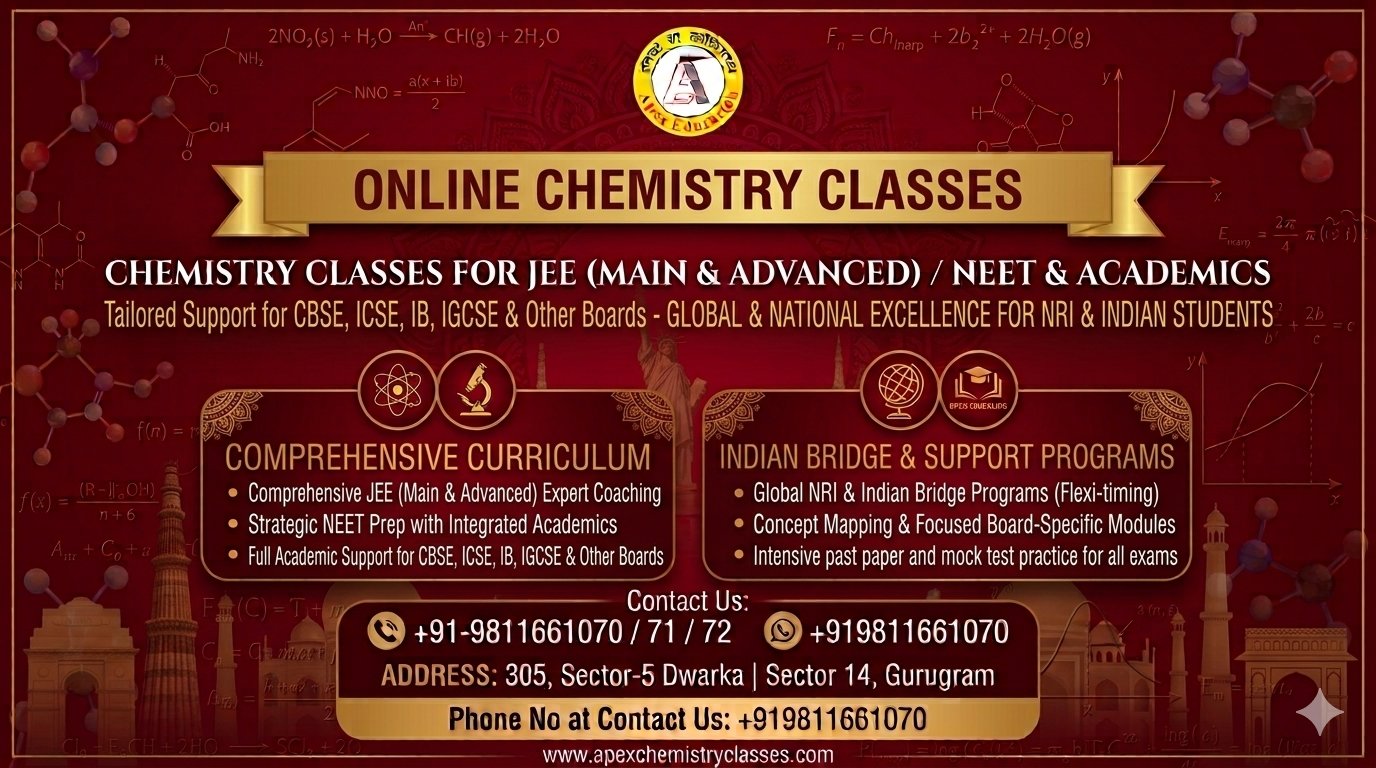 Professional horizontal banner for Apex Chemistry Classes offering online chemistry tutor services for JEE Main, Advanced, and NEET along with academic curriculum coaching for CBSE, ICSE, IB, and IGCSE boards to both NRI and domestic Indian students.