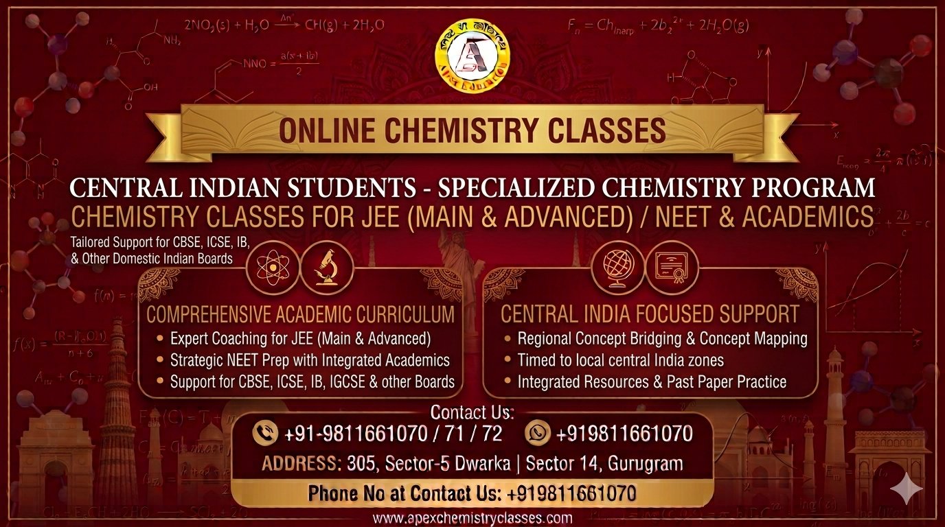 Professional horizontal banner for Apex Chemistry Classes providing online chemistry tutor services for JEE Main, Advanced, and NEET along with academic curriculum coaching for CBSE, ICSE, IB, and IGCSE boards to Central Indian students.