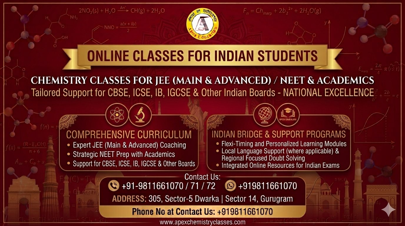 Professional horizontal banner for Apex Chemistry Classes offering online chemistry tutor services for JEE Main, Advanced, and NEET along with academic curriculum coaching for CBSE, ICSE, IB, and IGCSE boards to students in India.