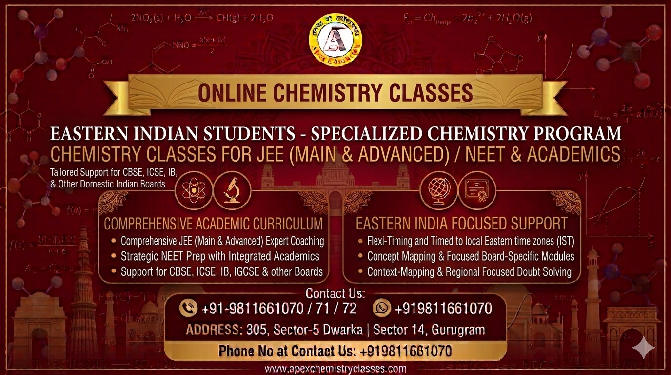 • Professional horizontal banner for Apex Chemistry Classes providing online chemistry tutor services for JEE Main, Advanced, and NEET along with academic curriculum coaching for CBSE, ICSE, IB, and IGCSE boards to Eastern Indian students.