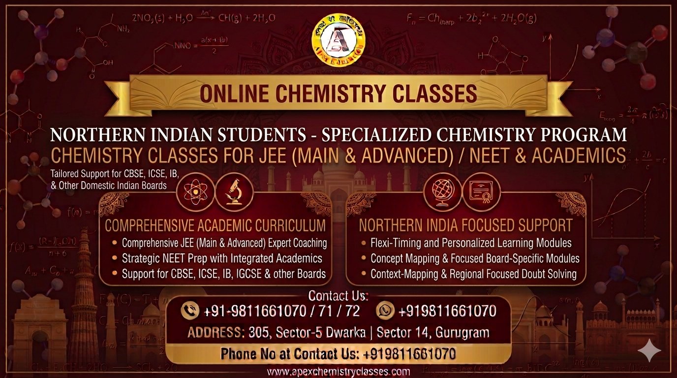 • Professional horizontal banner for Apex Chemistry Classes offering online chemistry tutor services for JEE Main, Advanced, and NEET along with academic curriculum coaching for CBSE, ICSE, IB, and IGCSE boards to Northern Indian students.
