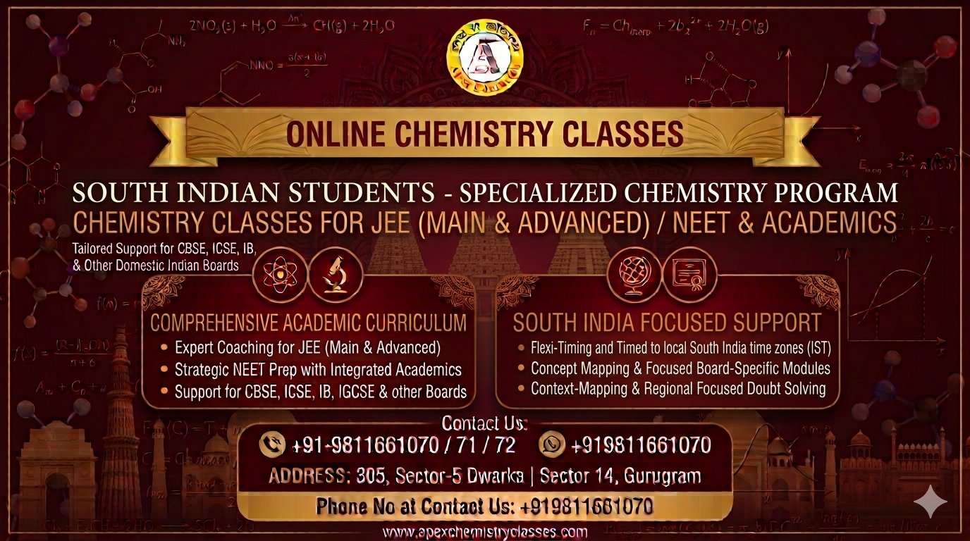 Professional horizontal banner for Apex Chemistry Classes providing online chemistry tutor services for JEE Main, Advanced, and NEET along with academic curriculum coaching for CBSE, ICSE, IB, and IGCSE boards to South Indian students.