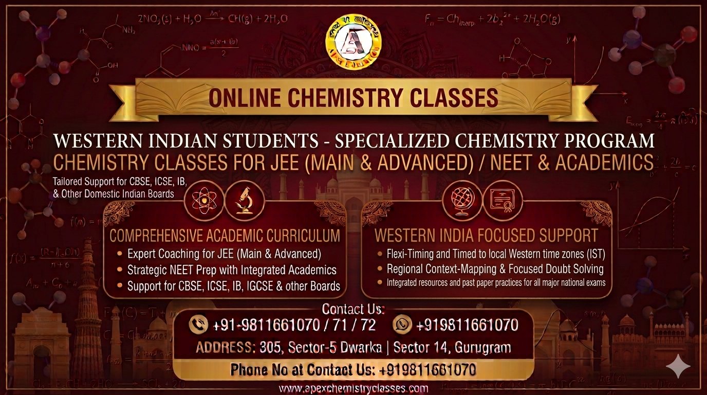 • Professional horizontal banner for Apex Chemistry Classes providing online chemistry tutor services for JEE Main, Advanced, and NEET along with academic curriculum coaching for CBSE, ICSE, IB, and IGCSE boards to Western Indian students.