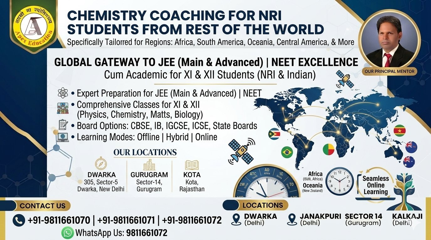 Specialized chemistry classes for NRI and Indian students from the rest of the world preparing for JEE Main & Advanced and NEET, combined with academic coaching for CBSE, IB, ICSE, IGCSE, and State Boards via offline, hybrid, and online modes across Dwarka, Janakpuri, South Delhi, Chanakyapuri, Gurugram, the Gulf, and overseas regions.