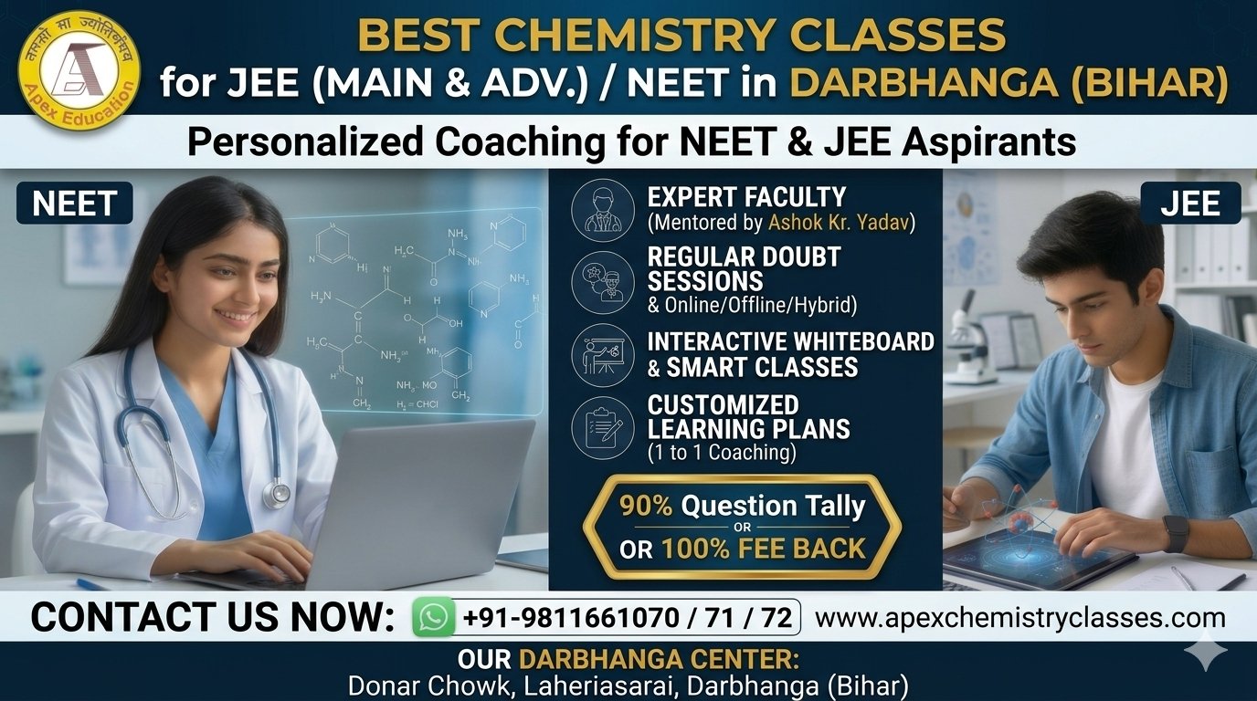 Horizontal banner for Apex Chemistry Classes highlighting expert chemistry tuition and premium one to one classes in Darbhanga for IIT-JEE and NEET-UG preparation.