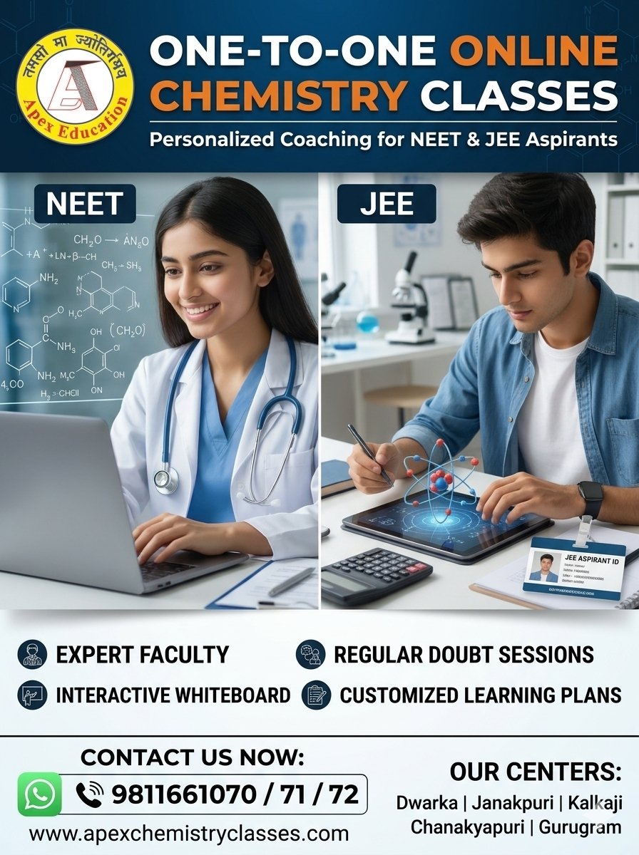 Horizontal promotional banner for Apex Chemistry Classes featuring one-to-one online chemistry coaching for NEET and JEE aspirants with institute logo, contact details, and images of science students.