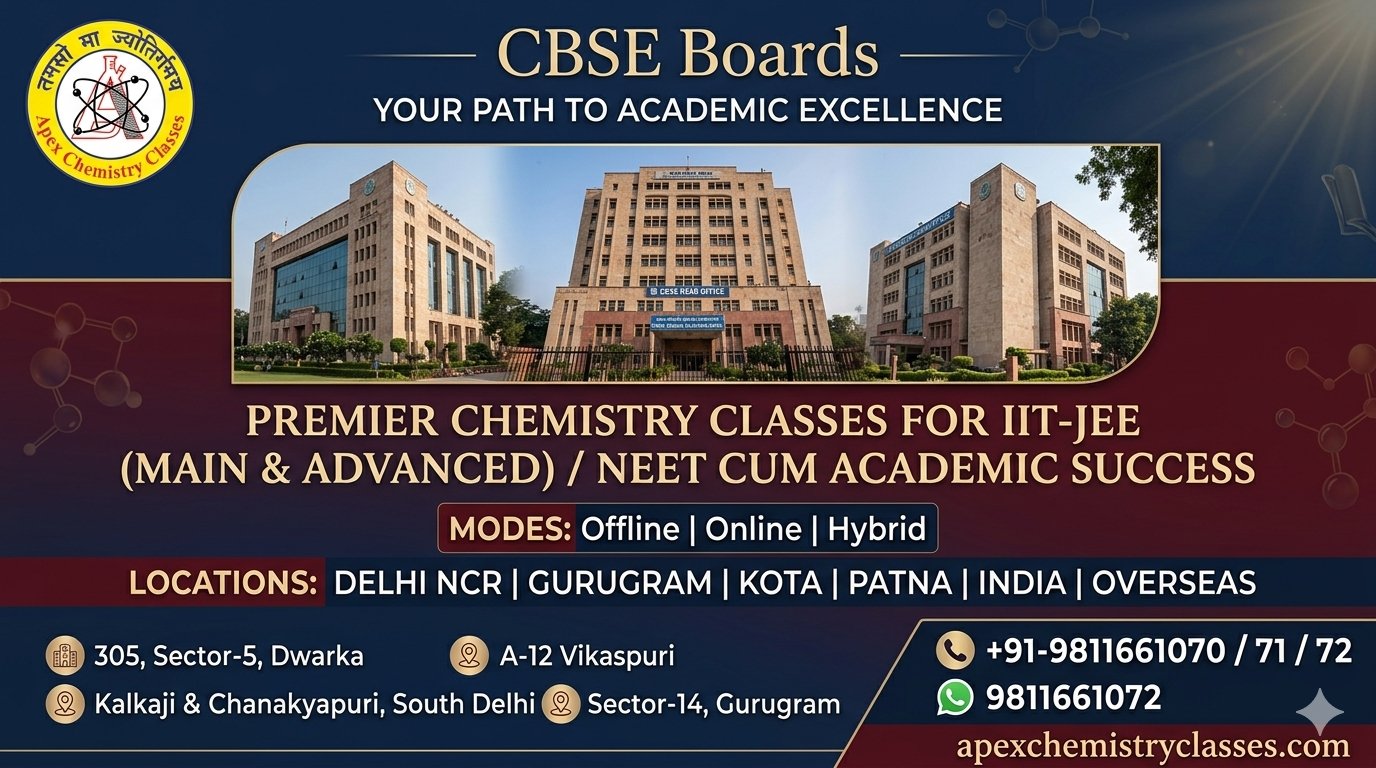 Professional web poster for Apex Chemistry Classes CBSE Boards webpage, highlighting premier chemistry classes for IIT-JEE Main and Advanced, NEET, and board academics available offline in Delhi (Janakpuri, Vikaspuri, Chanakyapuri, Kalkaji, Dwarka), Gurugram, Kota, and Patna, as well as online across the globe.