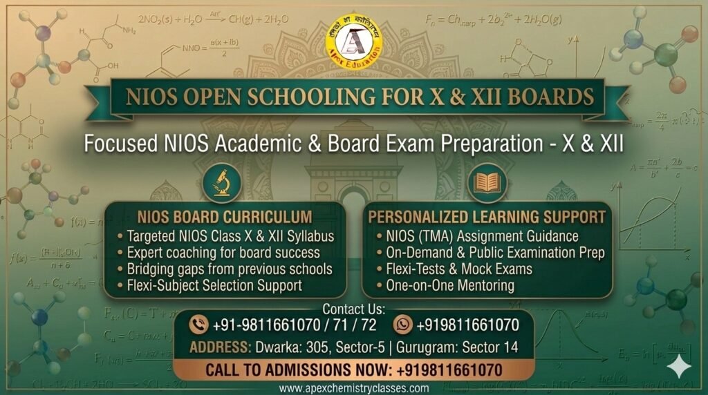 A professional educational banner for Apex Chemistry Classes highlighting tailored NIOS coaching programs for Class 10th and 12th board exams. The graphic outlines the comprehensive curriculum, personalized learning support, flexible testing options, and detailed contact details for their centers in Dwarka and Gurugram.