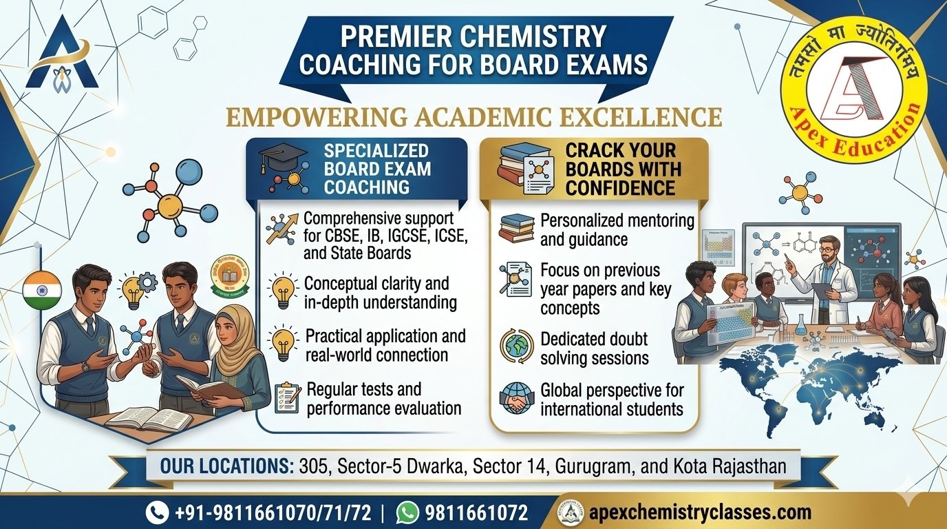 Elegant horizontal banner for Apex Education detailing specialized chemistry classes for NRI and Indian students preparing for JEE Main & Advanced, NEET, and school board exams under CBSE, IB, IGCSE, ICSE, and State Boards through offline, hybrid, and online modes in Dwarka, Janakpuri, South Delhi, Chanakyapuri, Gurugram, the Gulf, and overseas regions.