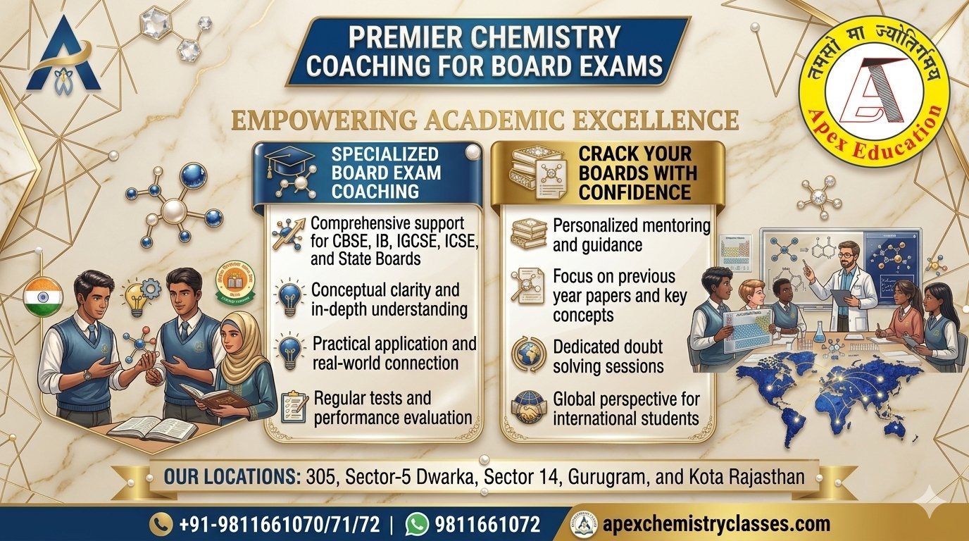 Premium horizontal website banner for Apex Education detailing chemistry coaching for board exams, supporting NRI and Indian students preparing for JEE Main & Advanced and NEET across CBSE, IB, IGCSE, ICSE, and State Boards in Dwarka, Janakpuri, South Delhi, Chanakyapuri, Gurugram, the Gulf, and overseas through offline, hybrid, and online modes.