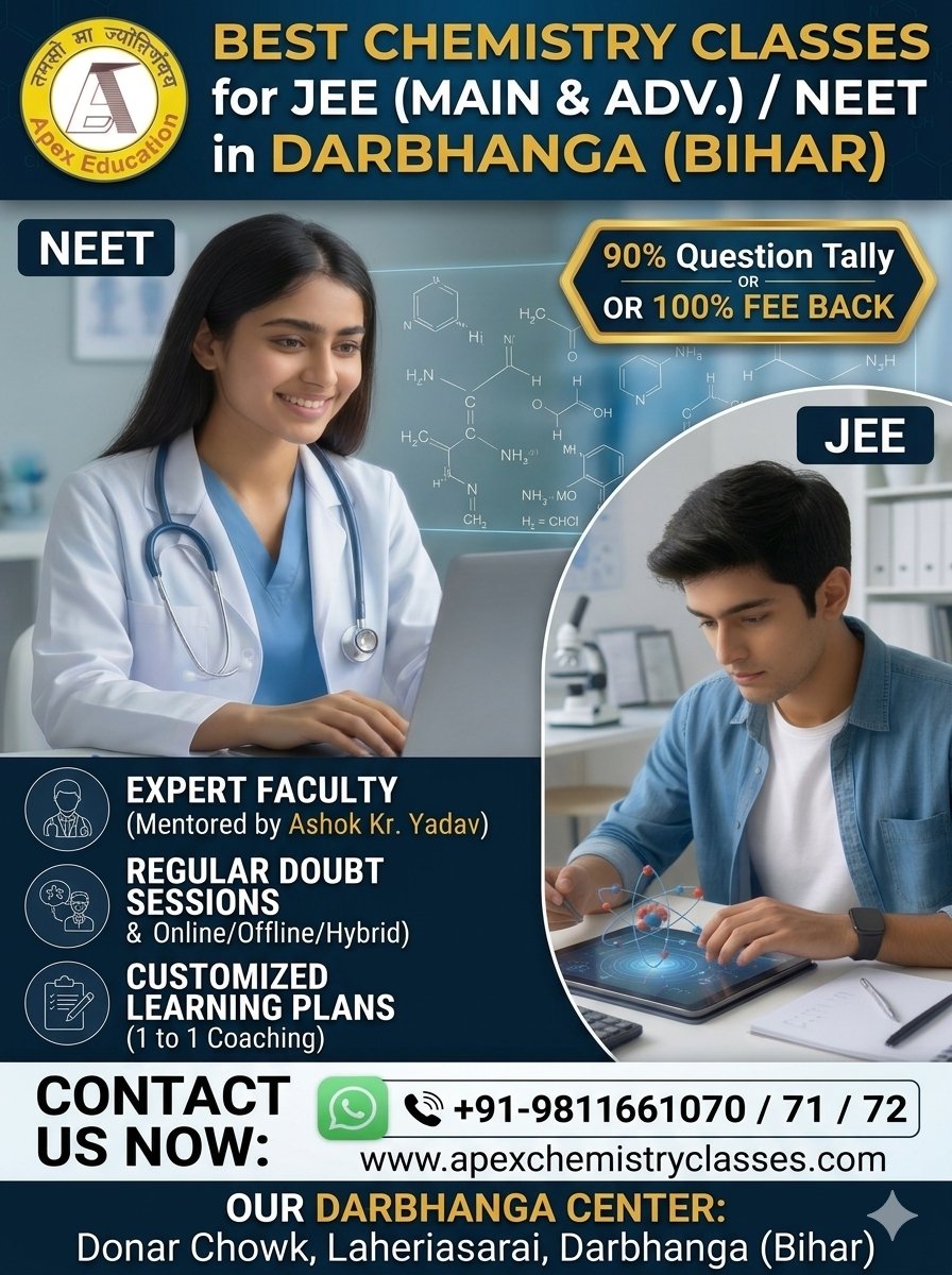 Vertical poster for Apex Chemistry Classes presenting excellent chemistry tuition and premium one to one classes in Darbhanga for JEE Main, Advanced, and NEET-UG preparation.