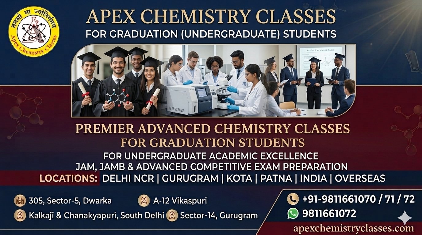 Professional website poster for Apex Chemistry Classes graduation webpage, highlighting premier graduation level chemistry classes, IIT-JEE Main and Advanced, NEET, and academic coaching through offline modes in Delhi (Janakpuri, Vikaspuri, Chanakyapuri, Kalkaji, Dwarka), Gurugram, Kota, and Patna, alongside live interactive sessions online across the globe.