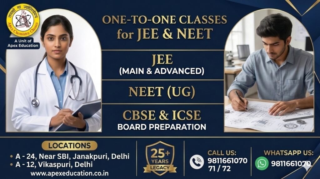 Apex Chemistry Classes promotional landscape banner showing a female medical student and a male engineering student, highlighting 1-to-1 coaching for JEE Main, Advanced, NEET UG, CBSE, and ICSE boards at Janakpuri and Vikaspuri centres.