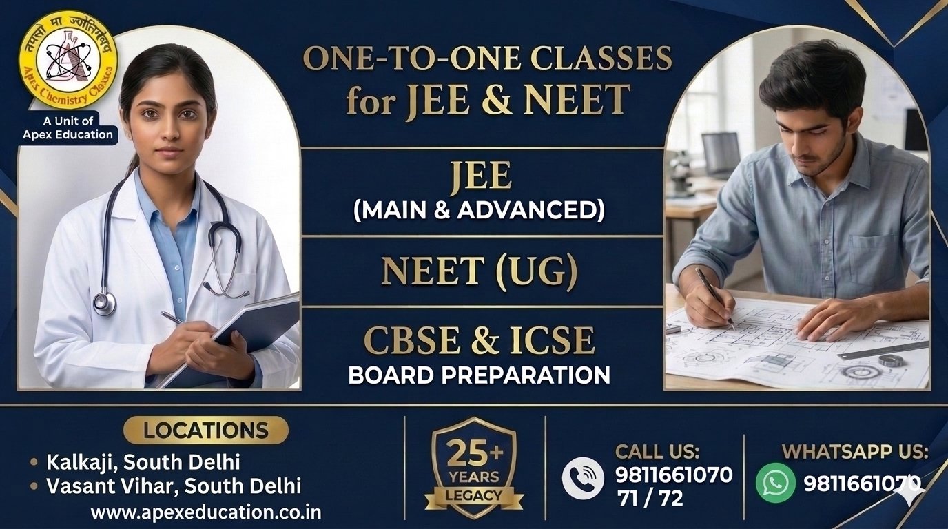 Apex Chemistry Classes promotional landscape banner showing a female medical student and a male engineering student, highlighting 1-to-1 coaching for JEE Main, Advanced, NEET UG, CBSE, and ICSE boards at Kalkaji and Vasant Vihar hubs in South Delhi.