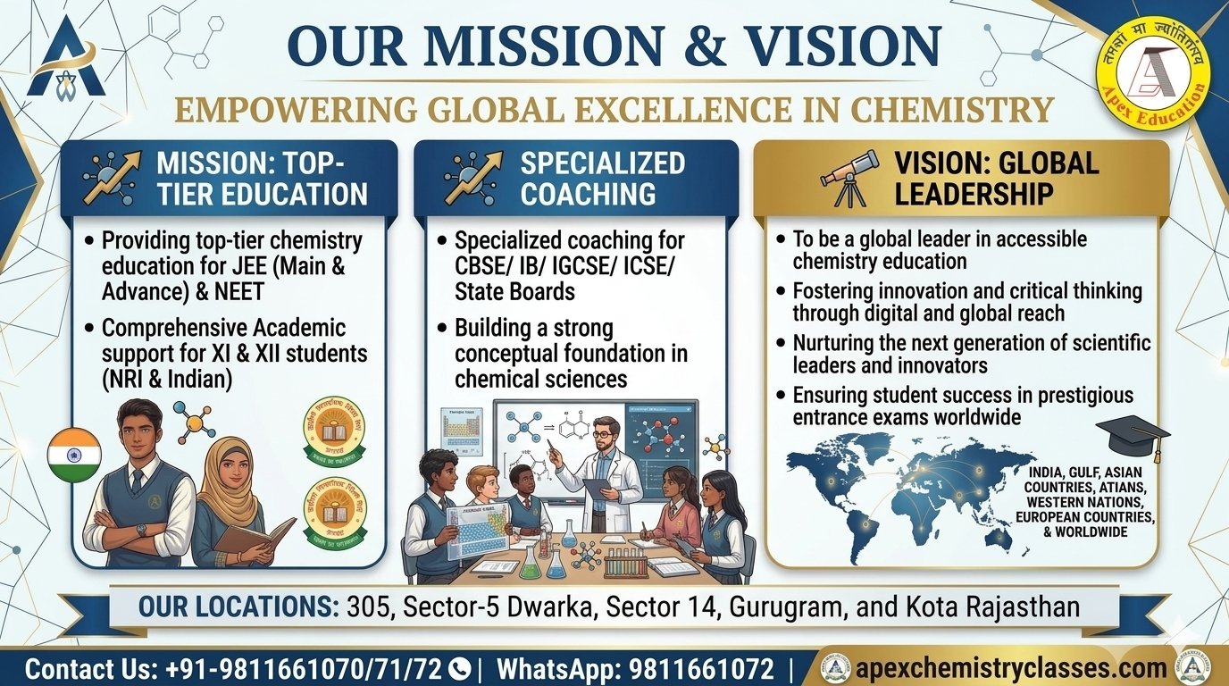 Comprehensive Mission and Vision infographic banner for Apex Education, outlining premium chemistry classes for NRI and Indian students preparing for JEE Main & Advanced and NEET, alongside school academic coaching for CBSE, IB, ICSE, IGCSE, and State Boards in Dwarka, Janakpuri, South Delhi, Chanakyapuri, Gurugram, the Gulf, and overseas regions through offline, hybrid, and online modes