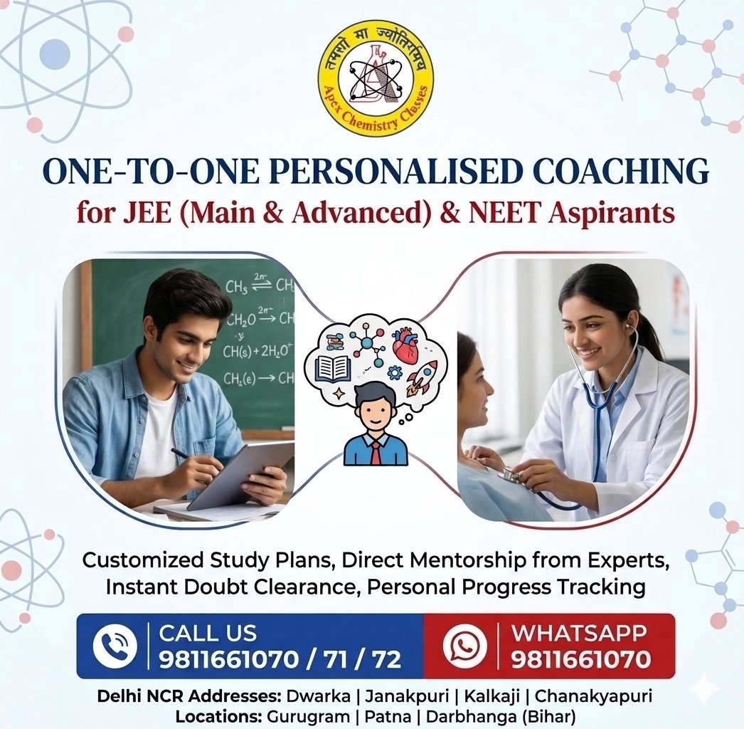 Promotional poster for Apex Chemistry Classes featuring one-to-one personalised coaching for JEE Main, Advanced, and NEET aspirants with contact numbers, official websites, and center locations across Delhi NCR, Gurugram, Patna, and Darbhanga.