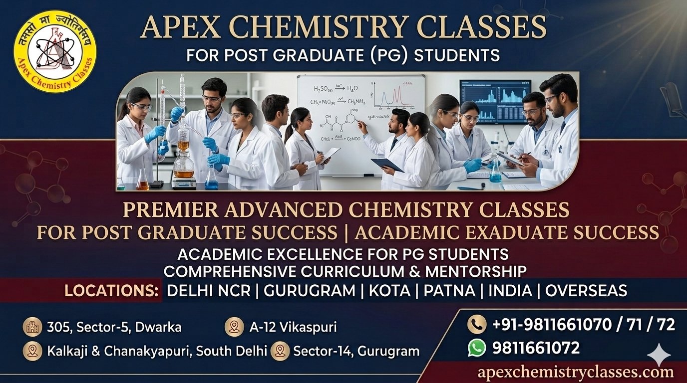 Professional webpage banner for Apex Chemistry Classes tailored for Post Graduate (PG) students, highlighting comprehensive chemistry classes for IIT-JEE Main and Advanced, NEET, and academic success available through offline centers in Delhi (Janakpuri, Vikaspuri, Chanakyapuri, Kalkaji, Dwarka), Gurugram, Kota, and Patna, as well as online training globally.