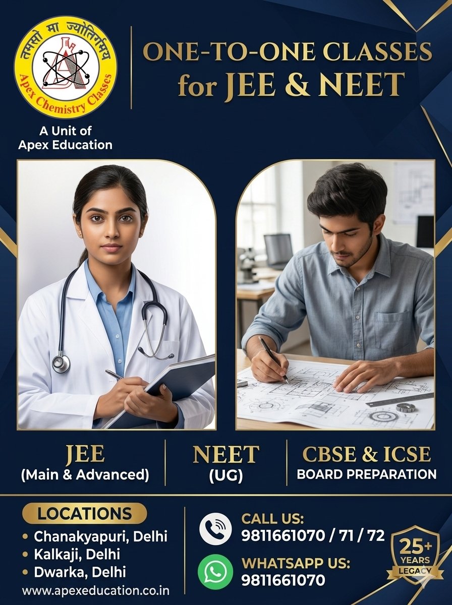 Vertical promotional poster for Apex Chemistry Classes in Delhi, showing a female medical student and a male engineering student, detailing one-to-one classes for JEE Main, Advanced, NEET UG, CBSE, and ICSE boards.